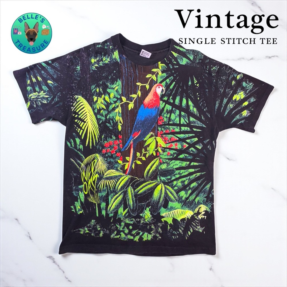 Vintage Parrot‎ Rainforest Men's XL All Over Print Anvil Single Stitch Tee USA